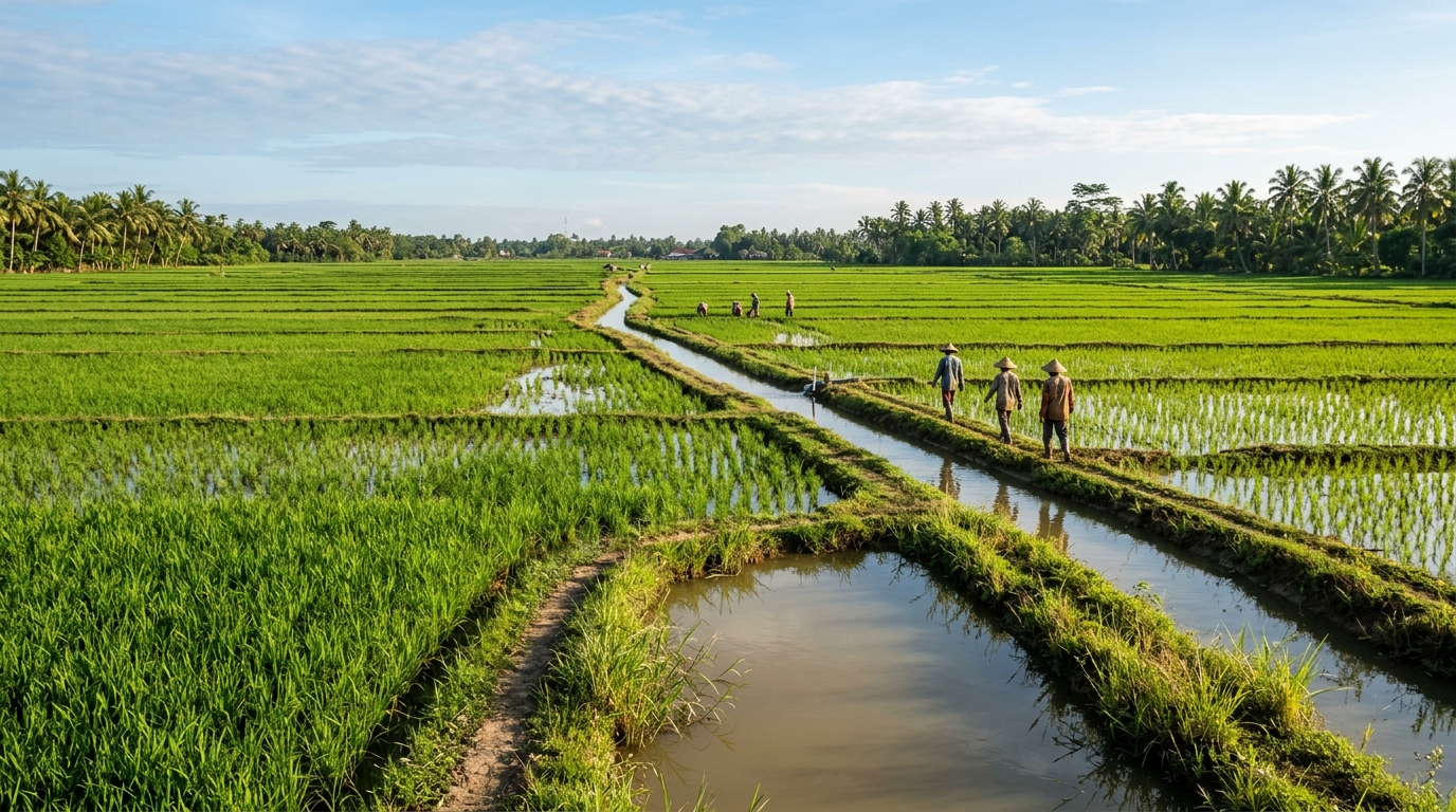 Hamparan sawah dan saluran air pertanian pasang surut Desa Telang Rejo